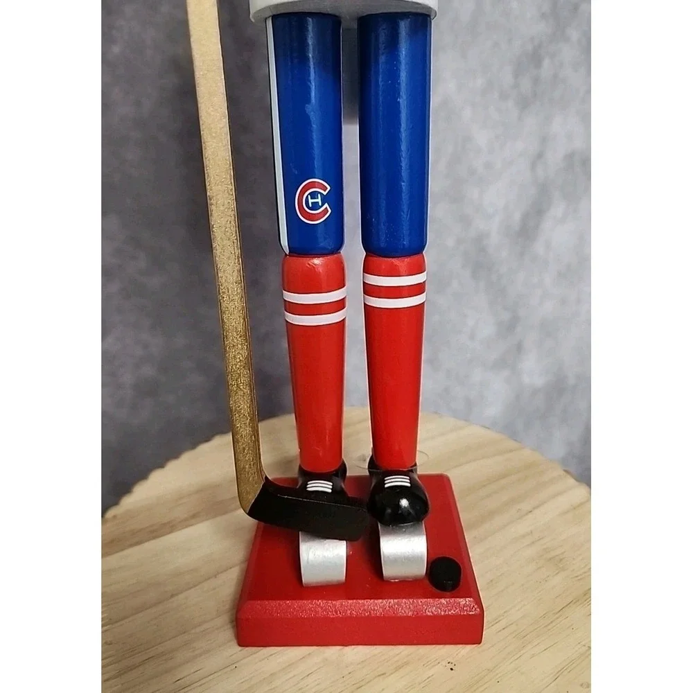 Hockey Player Nutcracker Puck Stick Red Blue White Wood Christmas 16
